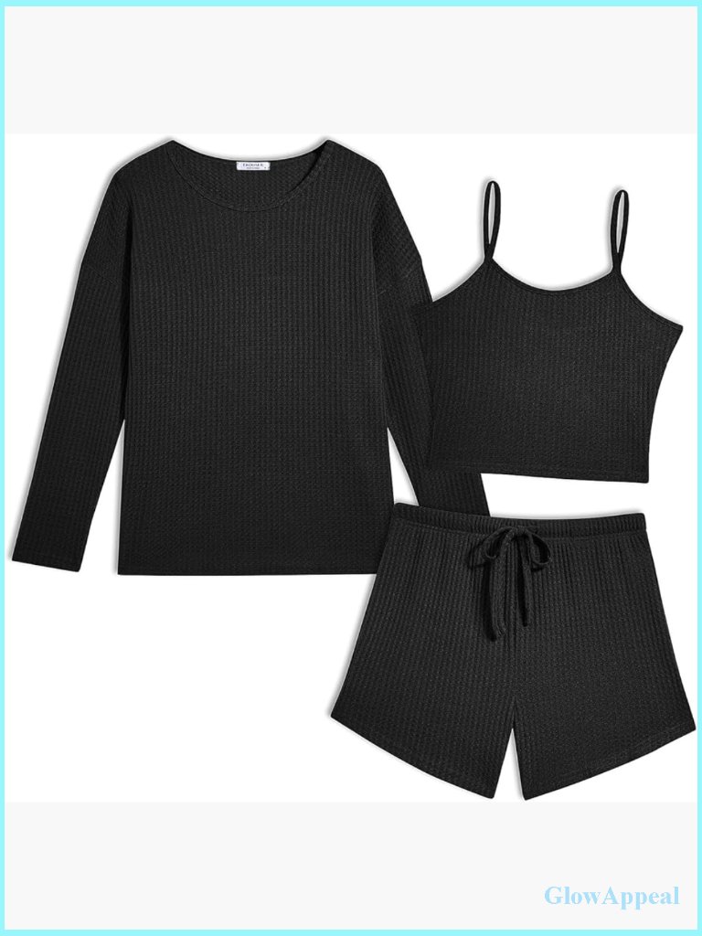 Waffle Knit 3 Piece Lounge Set Long Sleeve Cami Shorts Pajama Set